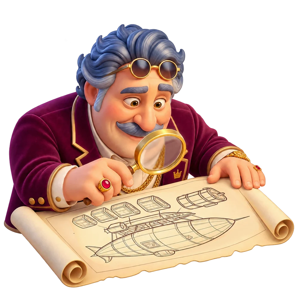 Baron examining architectural plans with a magnifying glass