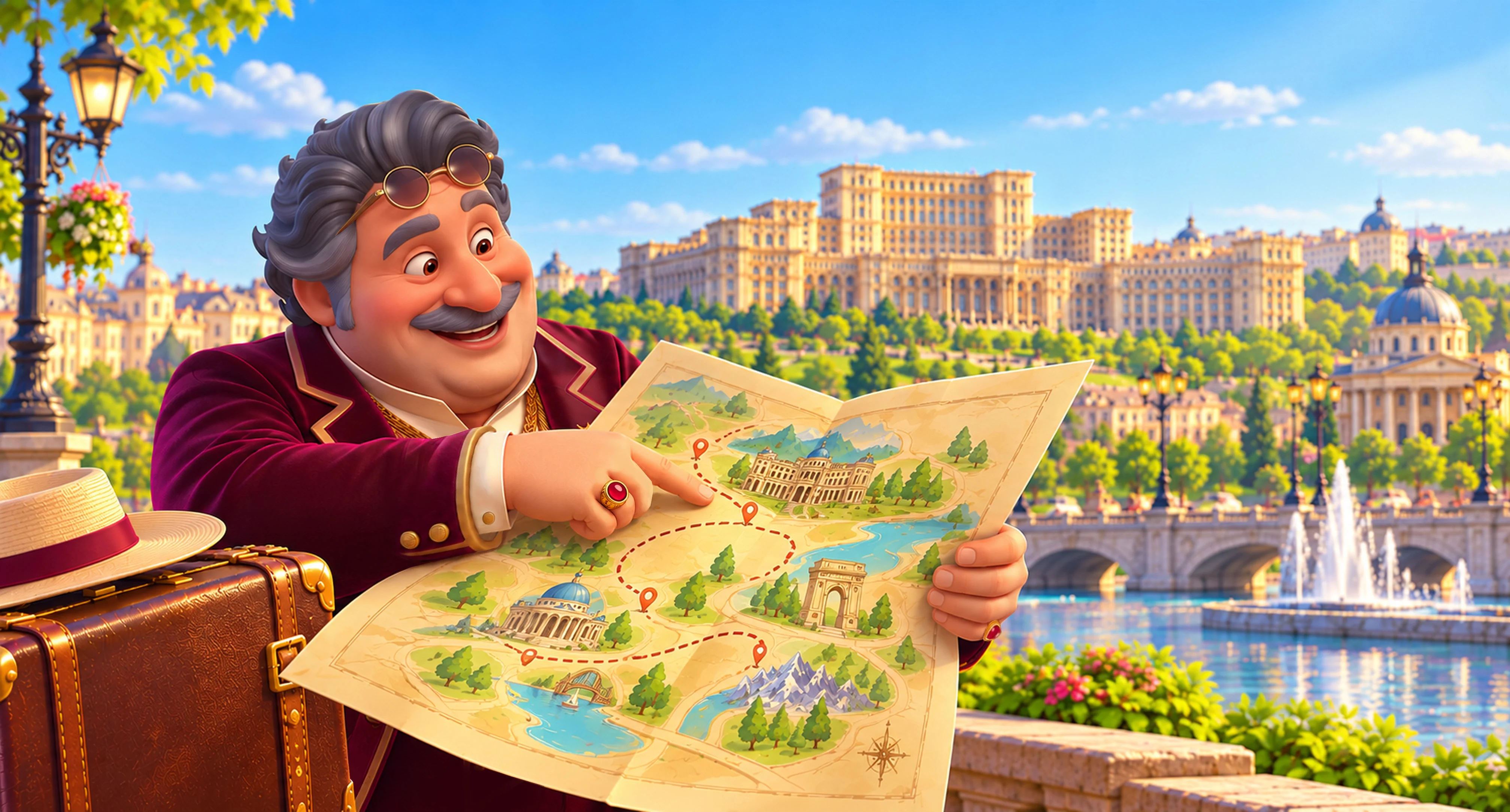 Baron pointing out his next destination on a map, with a grand city and fountains behind him