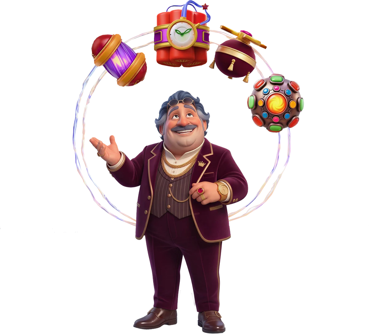 Baron presenting colorful boosters and a Disco Ball