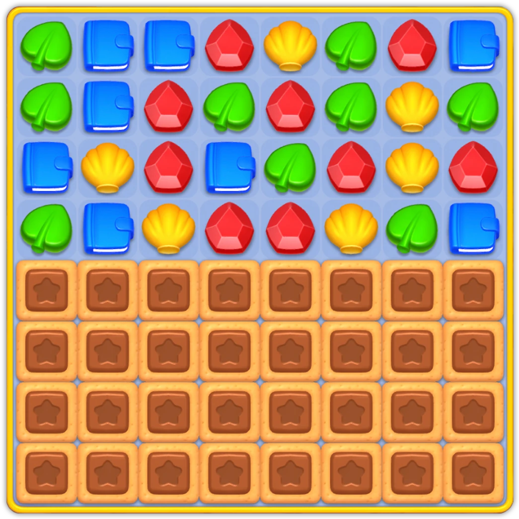 A colorful Baron Match 3 puzzle board with gems, shells, leaves and obstacles